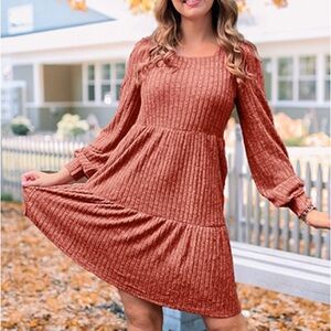 NWT Bonesun- Long Sleeve Sweater Babydoll Fall Dress W/Pockets Brick Orange Sz M